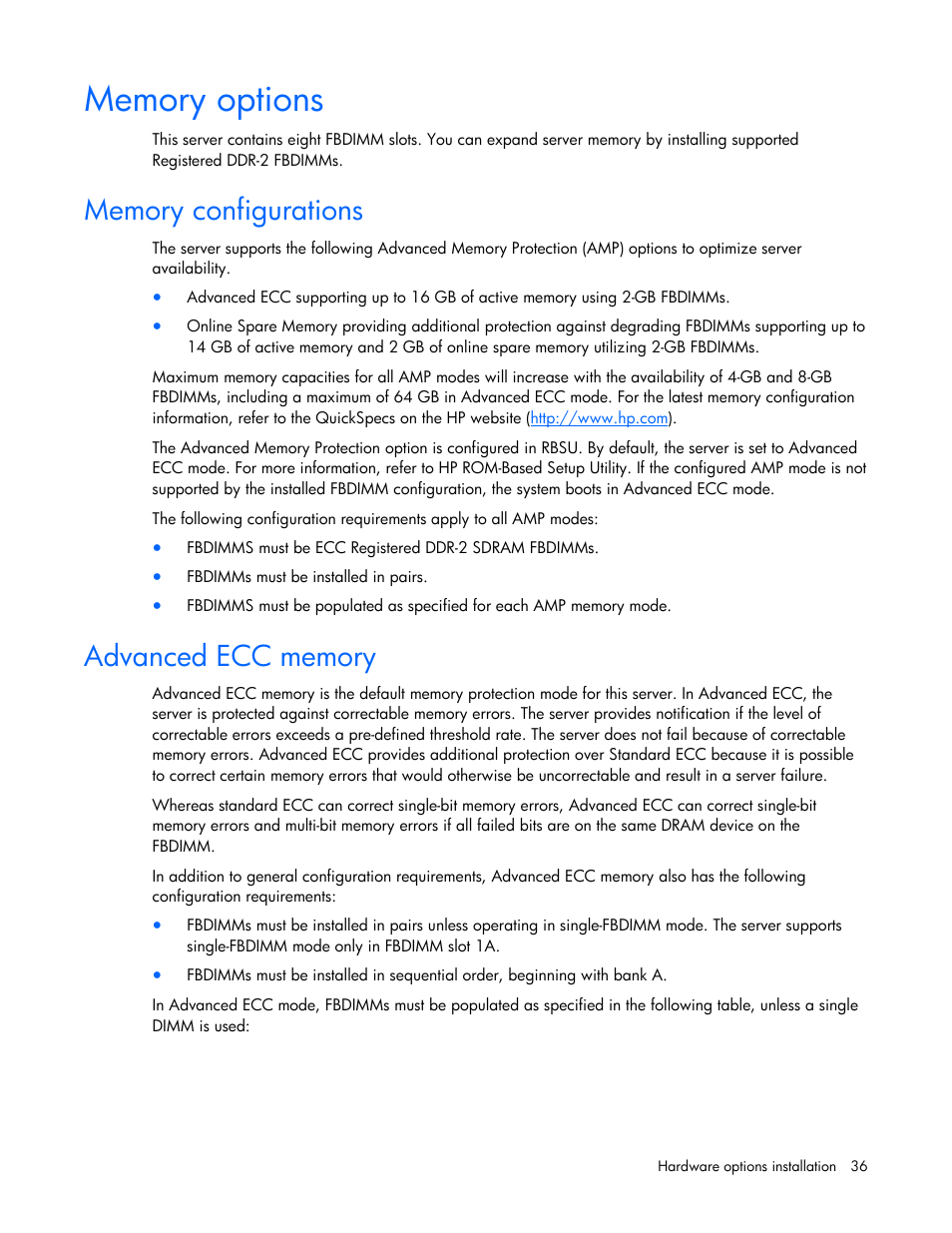 Memory options, Memory configurations, Advanced ecc memory | HP ProLiant ML350 G5 Server User Manual | Page 36 / 118