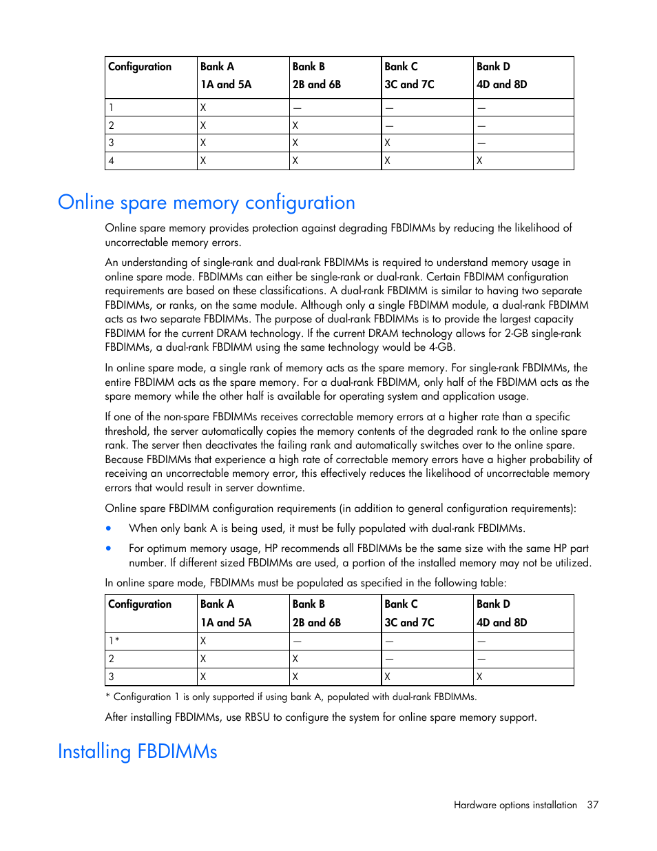 Online spare memory configuration, Installing fbdimms | HP ProLiant ML350 G5 Server User Manual | Page 37 / 118