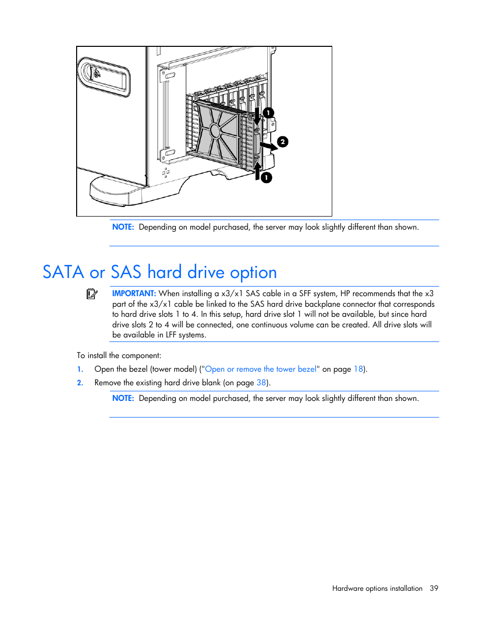 Sata or sas hard drive option | HP ProLiant ML350 G5 Server User Manual | Page 39 / 118