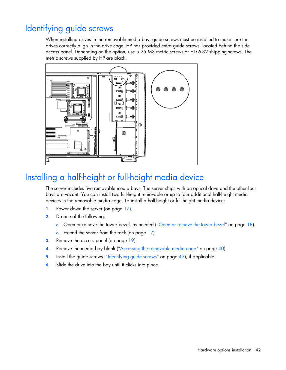 Identifying guide screws | HP ProLiant ML350 G5 Server User Manual | Page 42 / 118