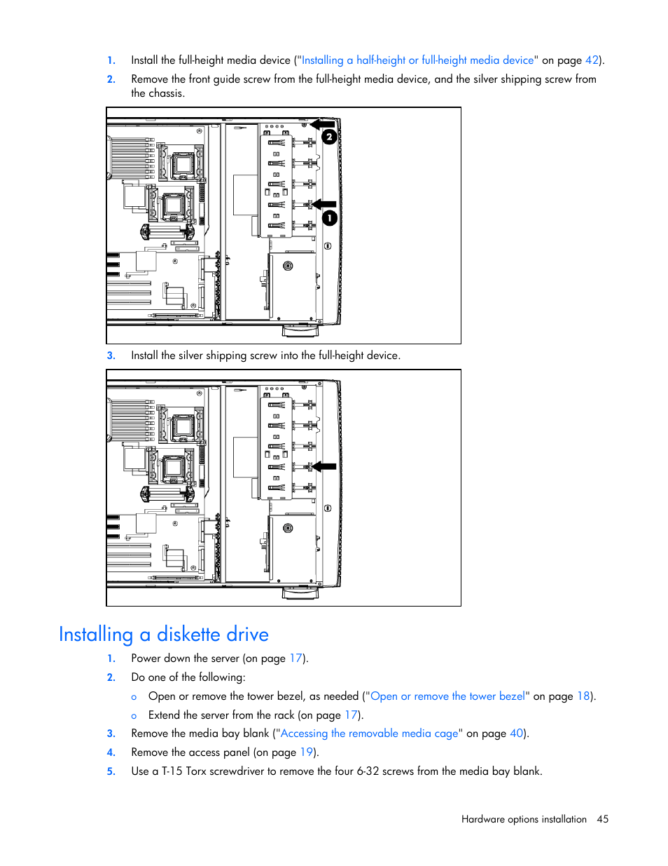 Installing a diskette drive | HP ProLiant ML350 G5 Server User Manual | Page 45 / 118