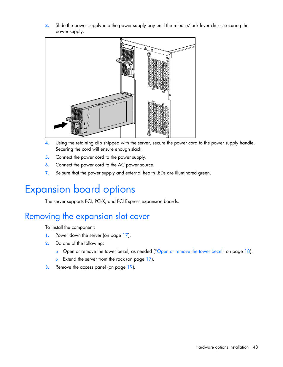 Expansion board options, Removing the expansion slot cover | HP ProLiant ML350 G5 Server User Manual | Page 48 / 118