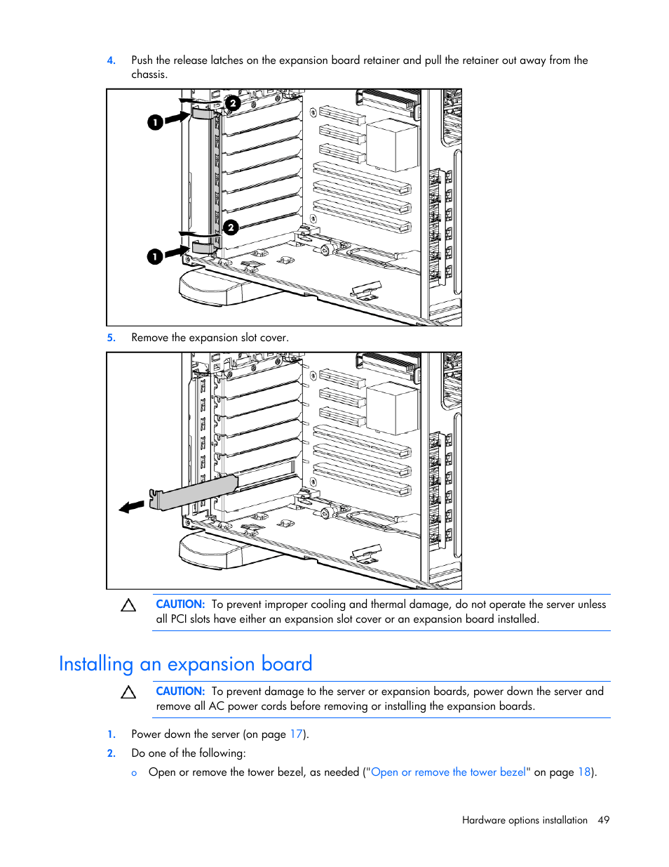 Installing an expansion board | HP ProLiant ML350 G5 Server User Manual | Page 49 / 118