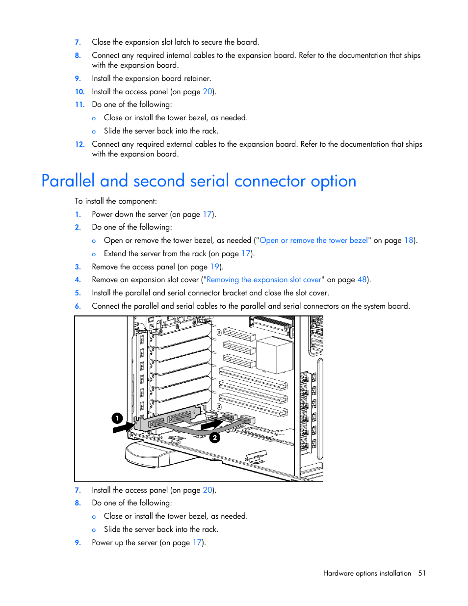 Parallel and second serial connector option | HP ProLiant ML350 G5 Server User Manual | Page 51 / 118