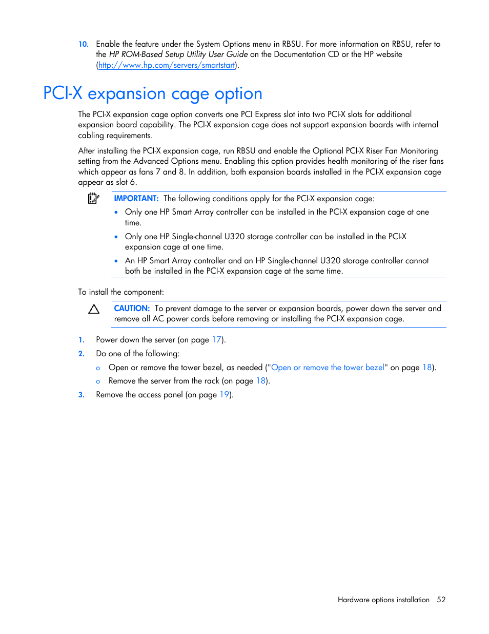 Pci-x expansion cage option | HP ProLiant ML350 G5 Server User Manual | Page 52 / 118