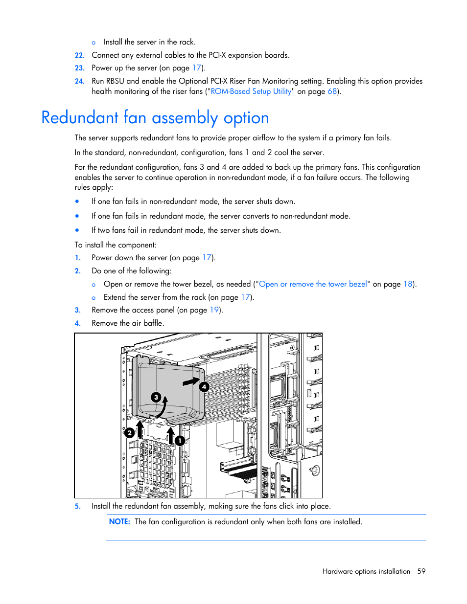 Redundant fan assembly option | HP ProLiant ML350 G5 Server User Manual | Page 59 / 118