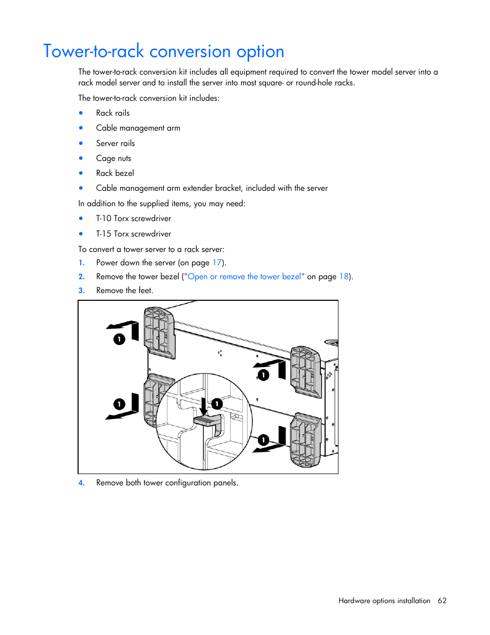 Tower-to-rack conversion option | HP ProLiant ML350 G5 Server User Manual | Page 62 / 118