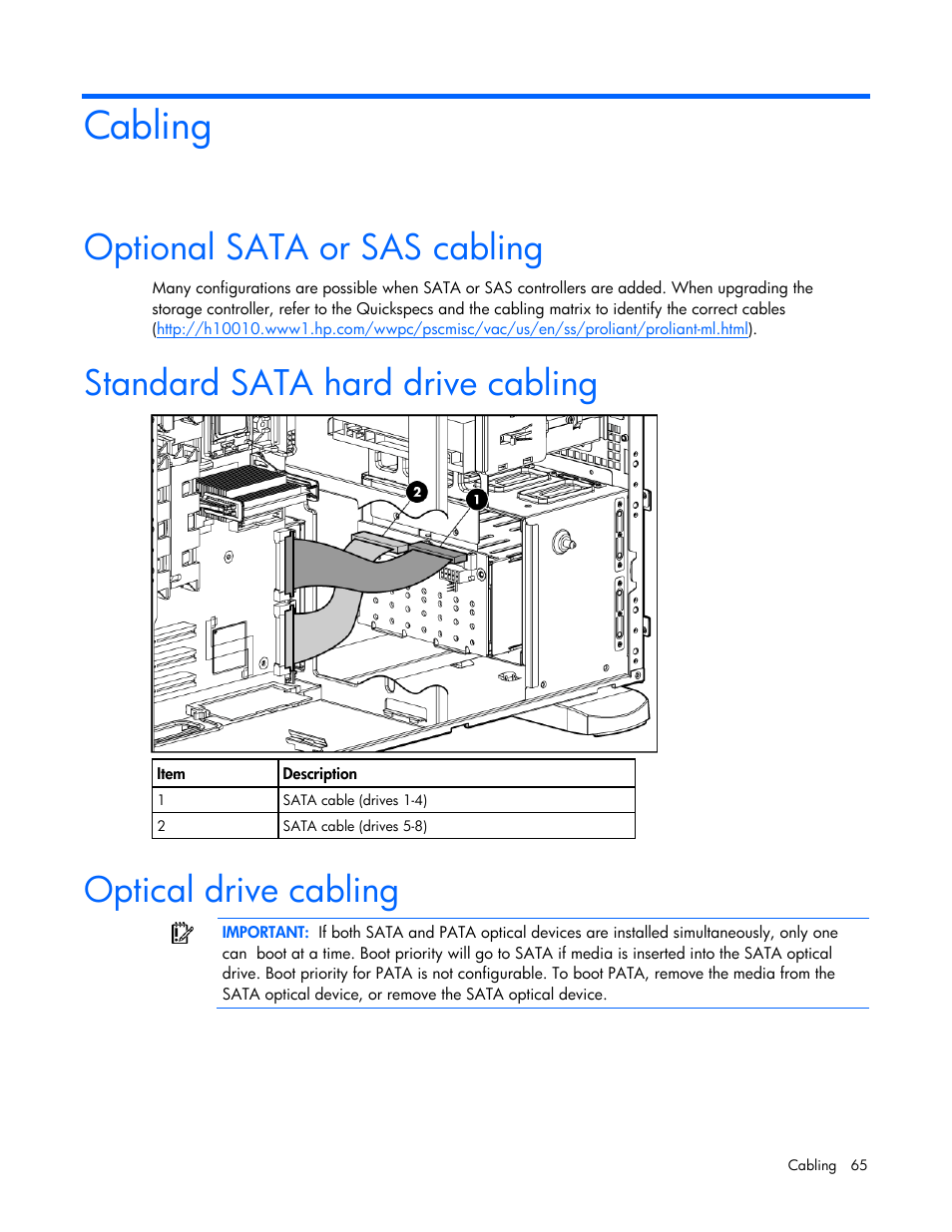 Cabling, Optional sata or sas cabling, Standard sata hard drive cabling | Optical drive cabling | HP ProLiant ML350 G5 Server User Manual | Page 65 / 118