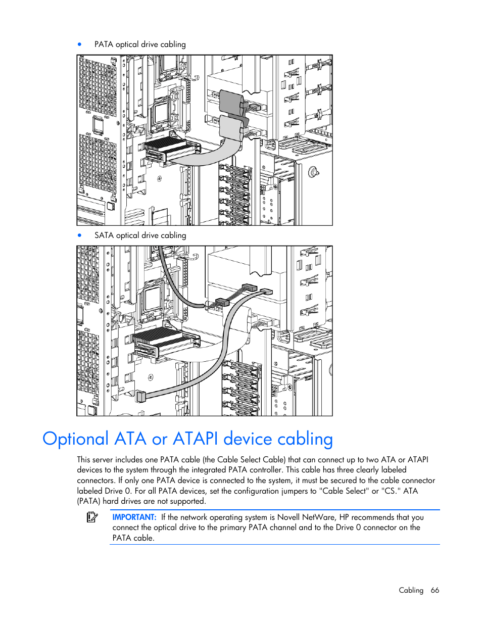 Optional ata or atapi device cabling | HP ProLiant ML350 G5 Server User Manual | Page 66 / 118