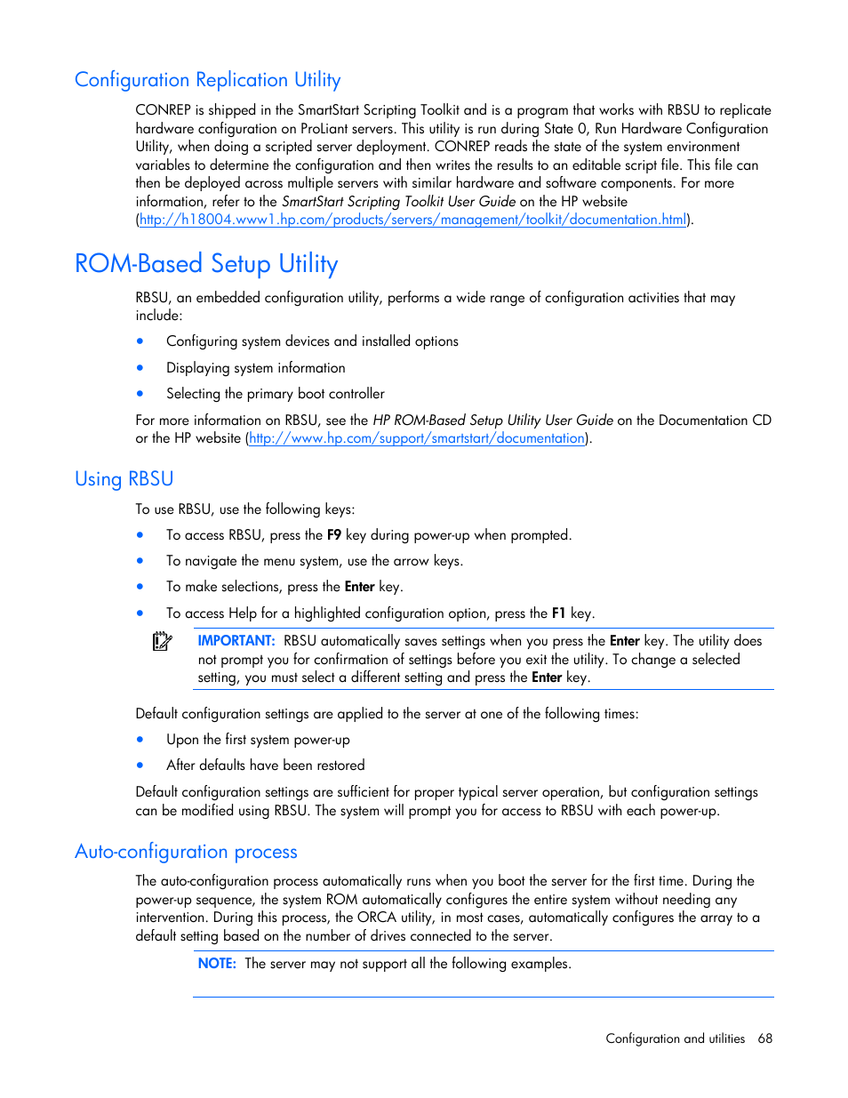 Configuration replication utility, Rom-based setup utility, Using rbsu | Auto-configuration process, On p | HP ProLiant ML350 G5 Server User Manual | Page 68 / 118