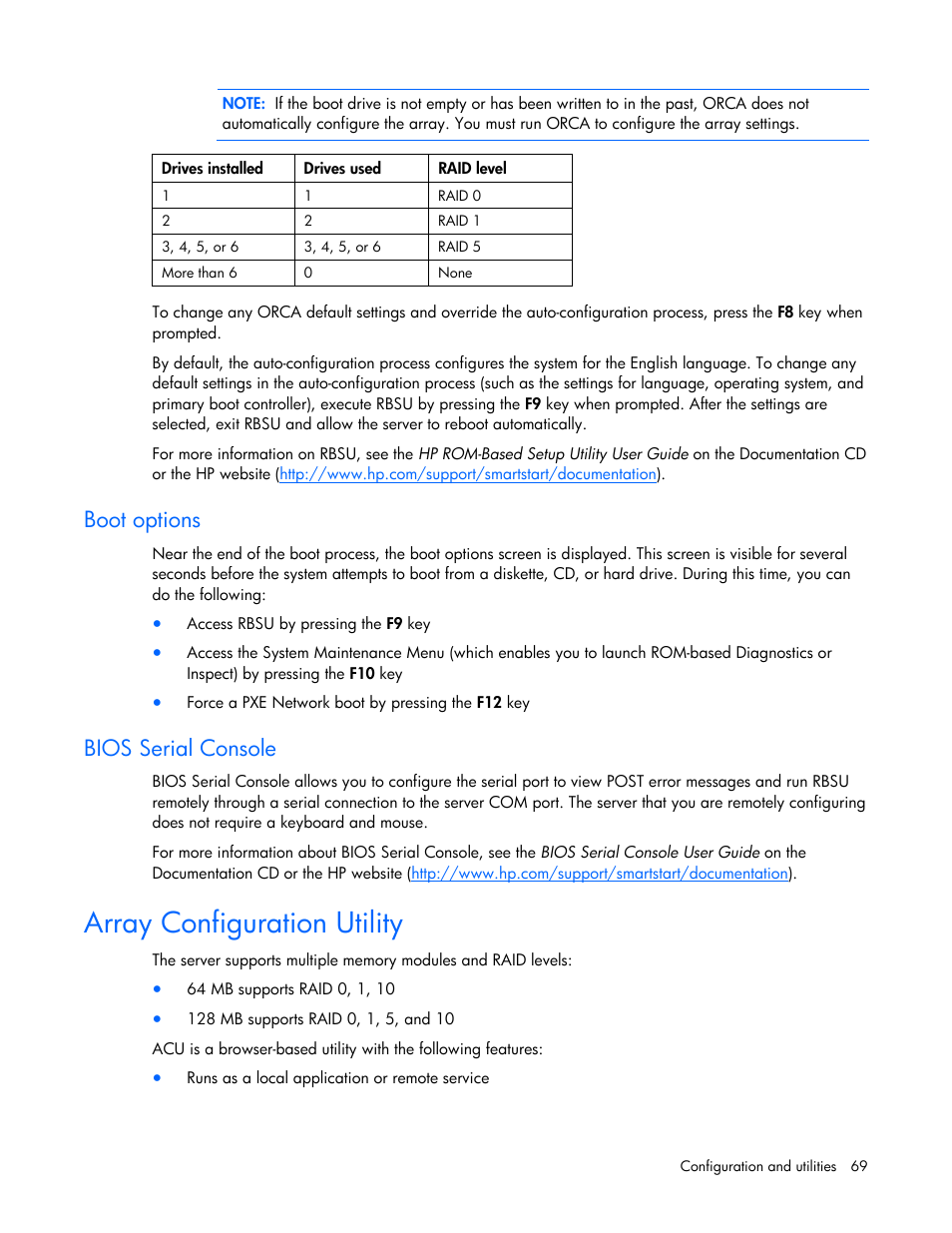 Boot options, Bios serial console, Array configuration utility | HP ProLiant ML350 G5 Server User Manual | Page 69 / 118