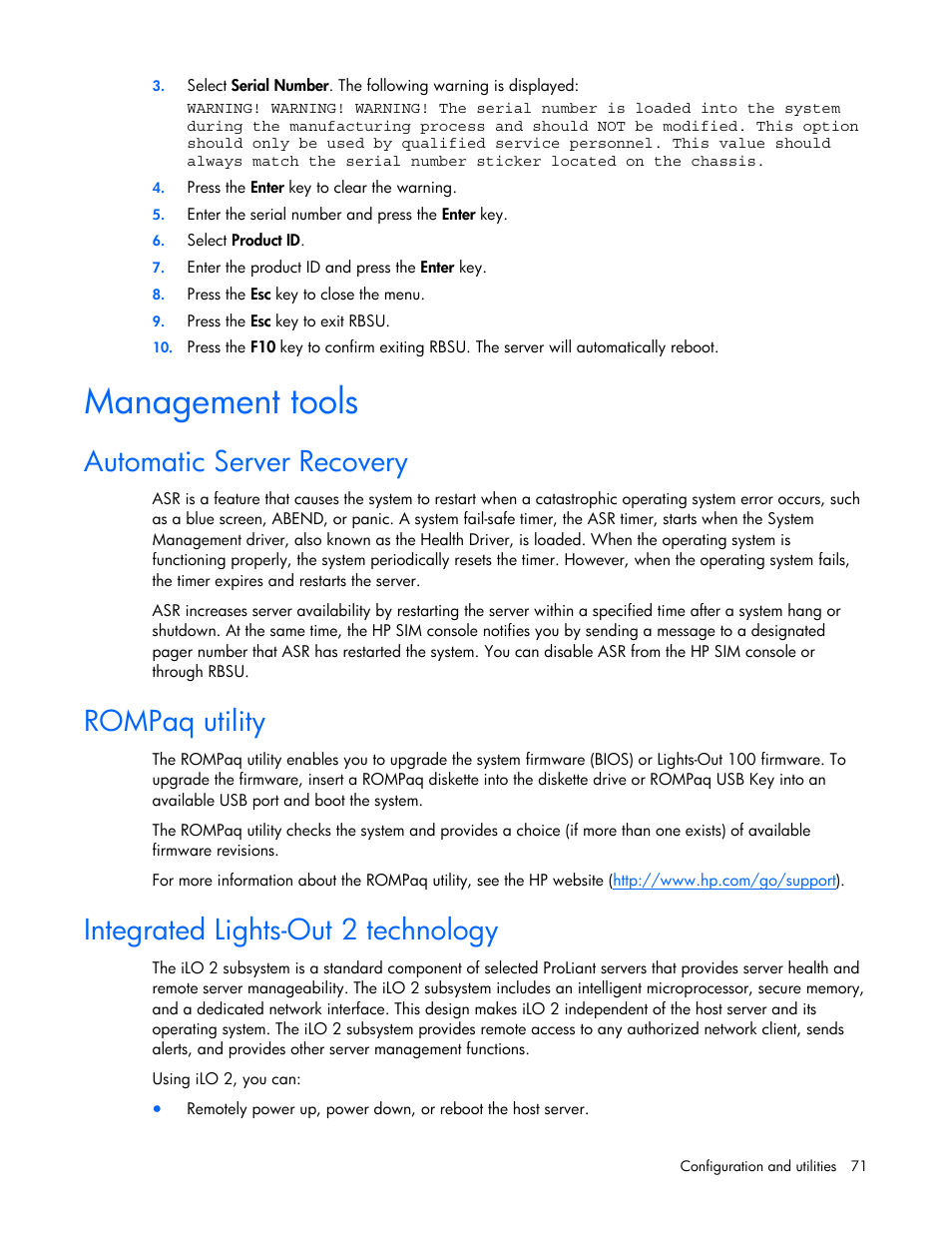 Management tools, Automatic server recovery, Rompaq utility | Integrated lights-out 2 technology | HP ProLiant ML350 G5 Server User Manual | Page 71 / 118