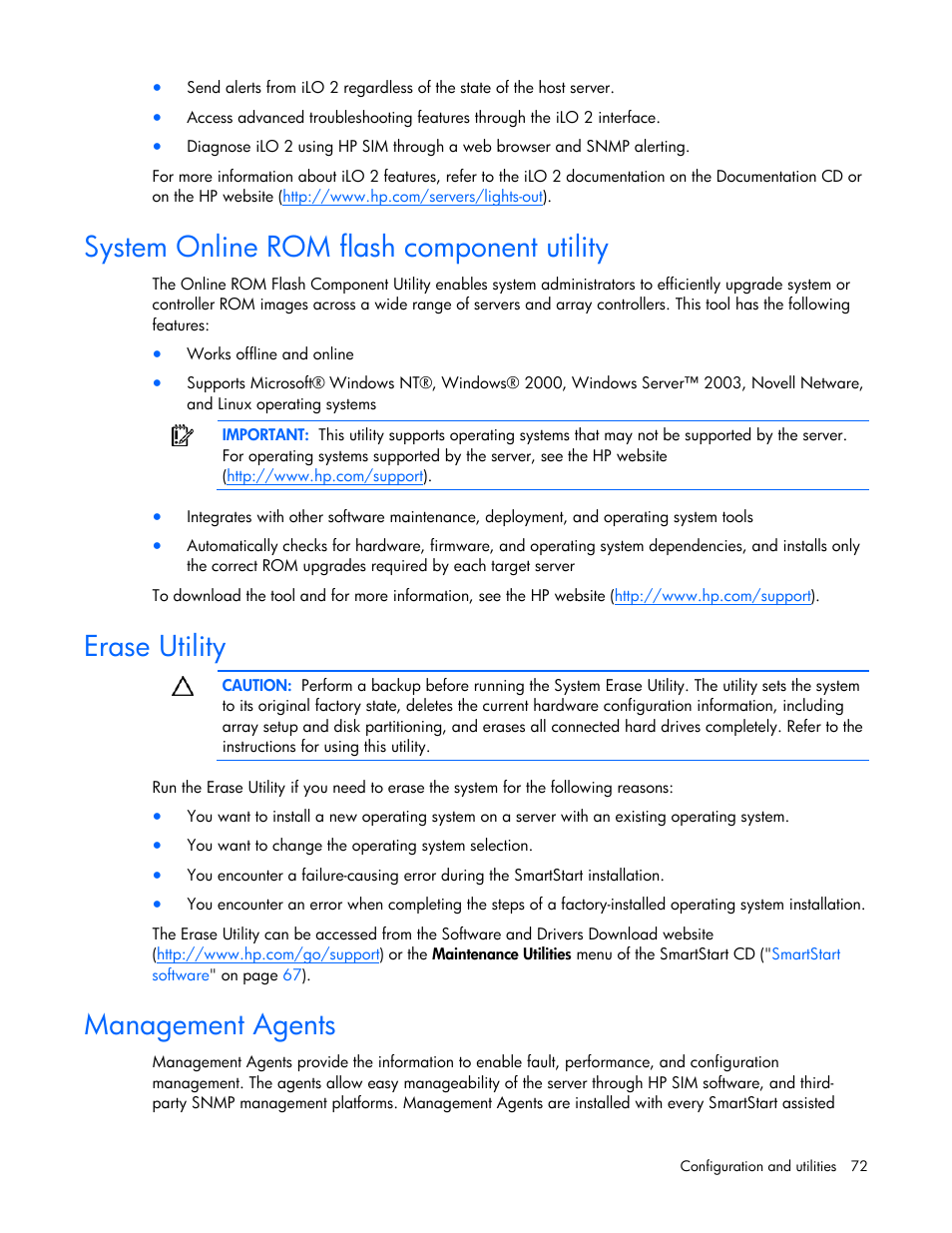 System online rom flash component utility, Erase utility, Management agents | HP ProLiant ML350 G5 Server User Manual | Page 72 / 118