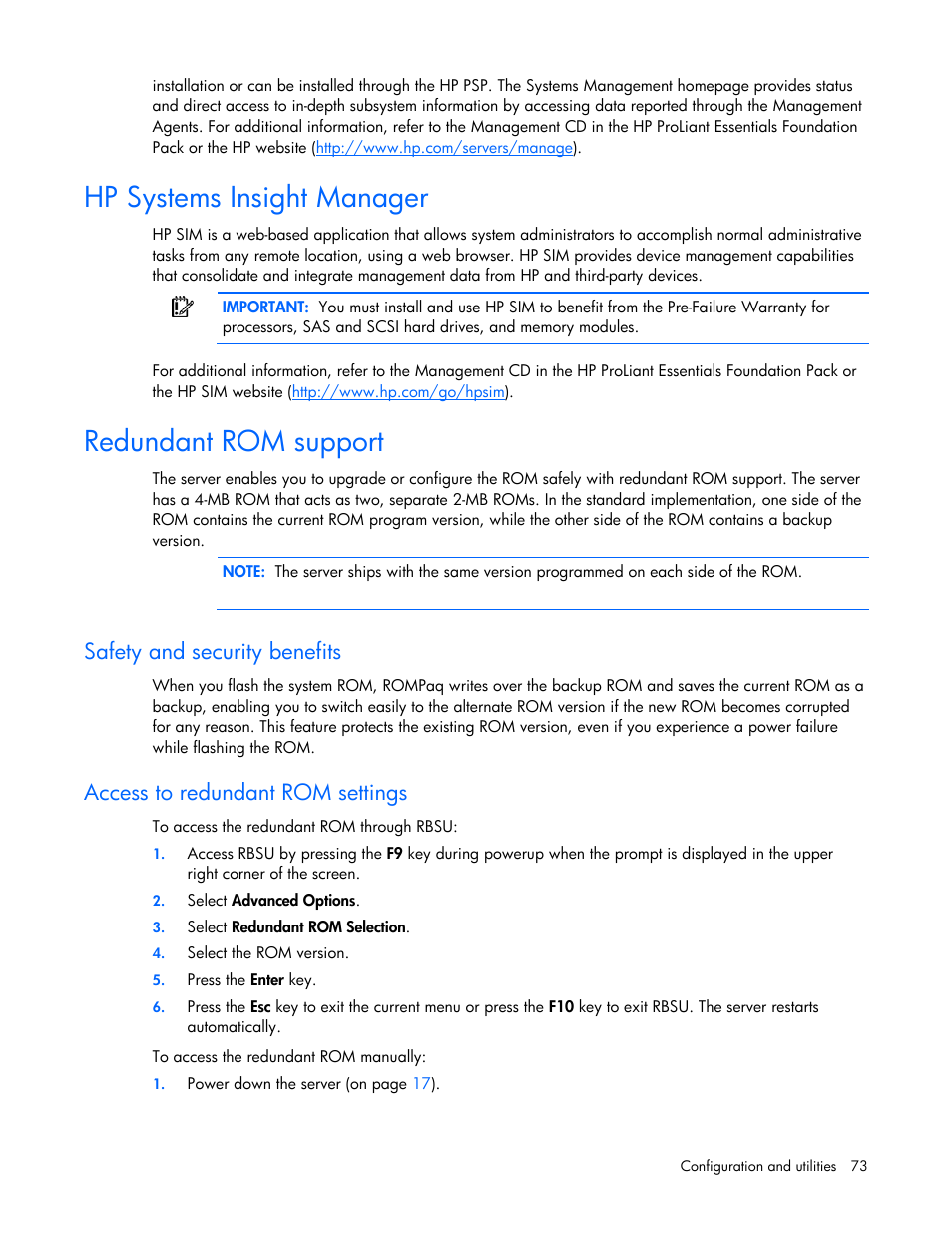 Hp systems insight manager, Redundant rom support, Safety and security benefits | Access to redundant rom settings | HP ProLiant ML350 G5 Server User Manual | Page 73 / 118