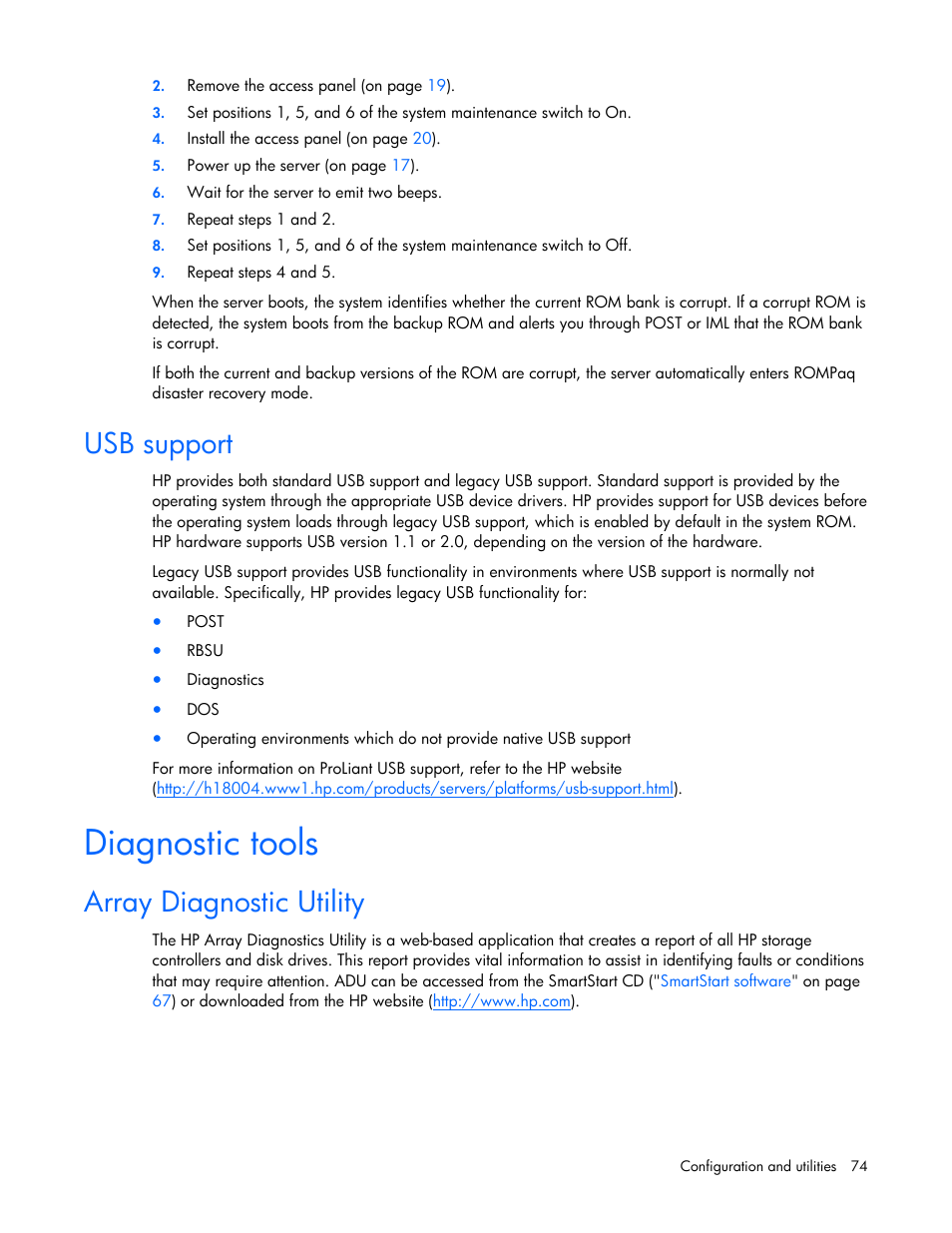 Usb support, Diagnostic tools, Array diagnostic utility | HP ProLiant ML350 G5 Server User Manual | Page 74 / 118