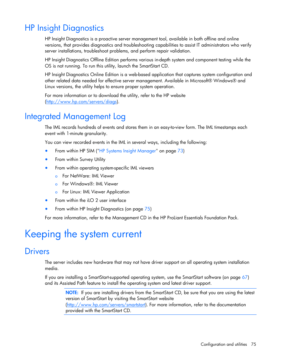 Hp insight diagnostics, Integrated management log, Keeping the system current | Drivers | HP ProLiant ML350 G5 Server User Manual | Page 75 / 118