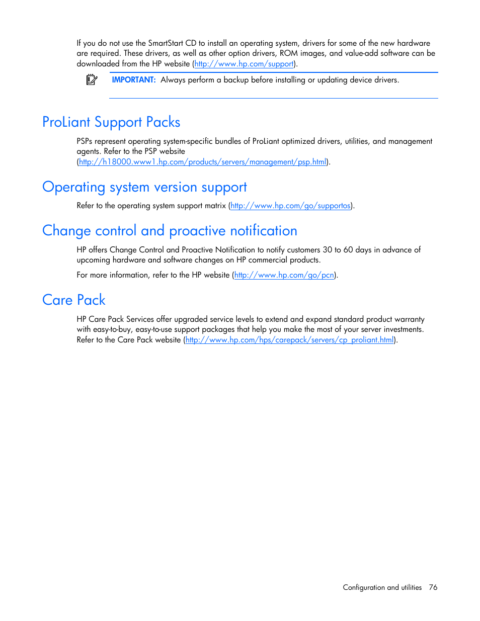 Proliant support packs, Operating system version support, Change control and proactive notification | Care pack | HP ProLiant ML350 G5 Server User Manual | Page 76 / 118