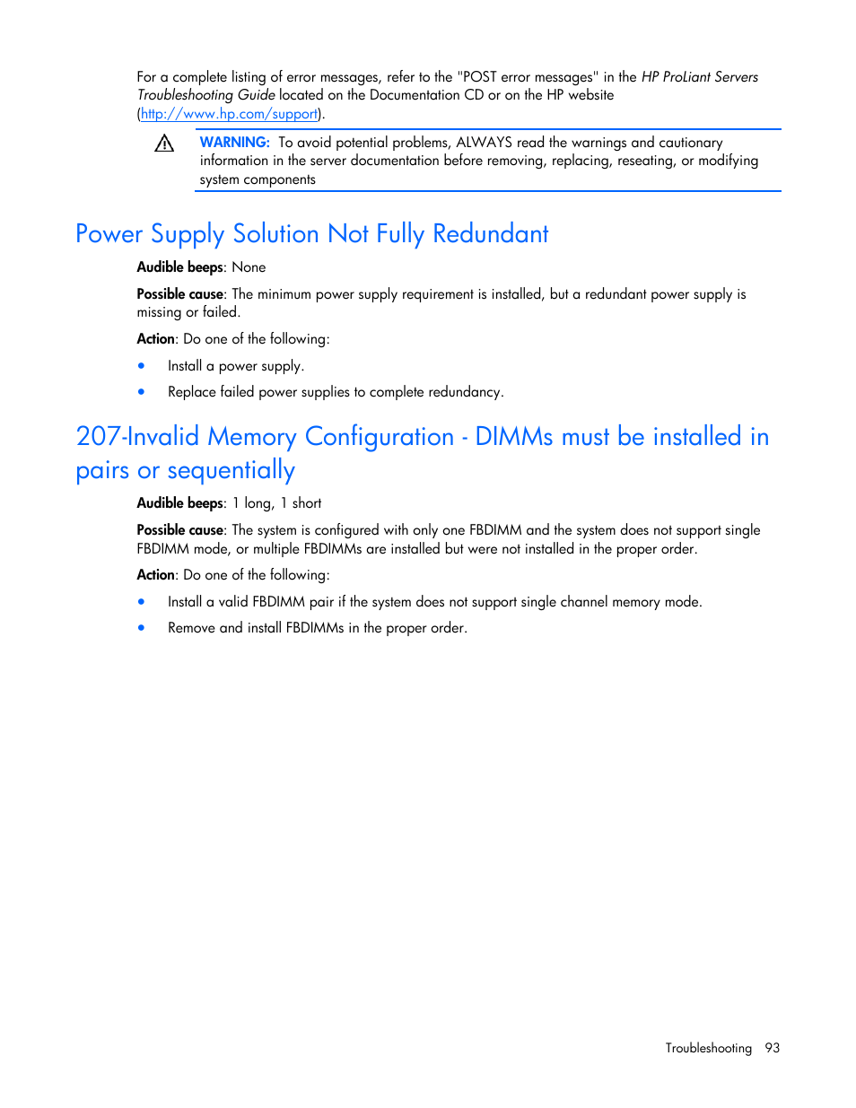 Power supply solution not fully redundant | HP ProLiant ML350 G5 Server User Manual | Page 93 / 118