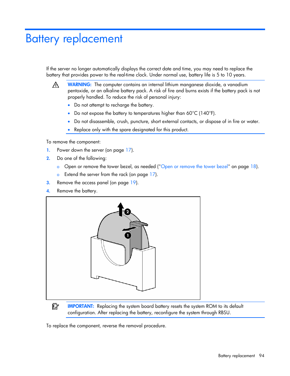 Battery replacement | HP ProLiant ML350 G5 Server User Manual | Page 94 / 118