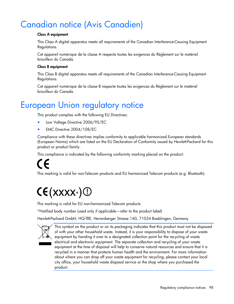 Canadian notice (avis canadien), European union regulatory notice | HP ProLiant ML350 G5 Server User Manual | Page 98 / 118