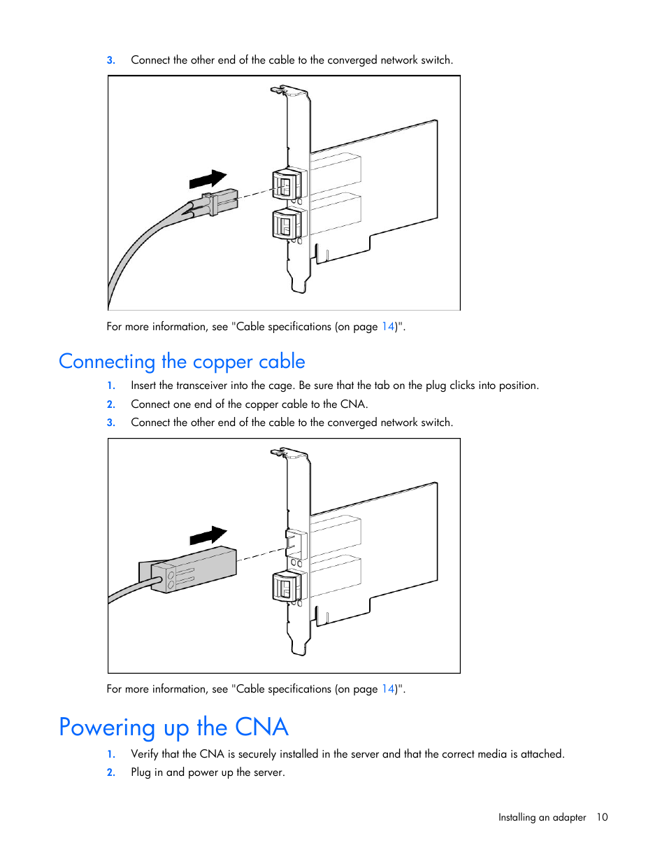 Connecting the copper cable, Powering up the cna | HP StoreFabric Converged Network Adapters User Manual | Page 10 / 22