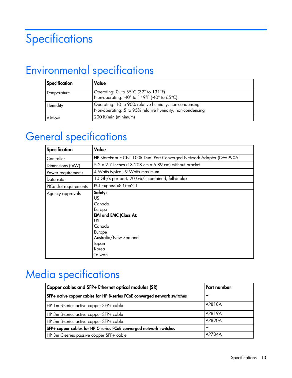 Specifications, Environmental specifications, General specifications | Media specifications | HP StoreFabric Converged Network Adapters User Manual | Page 13 / 22