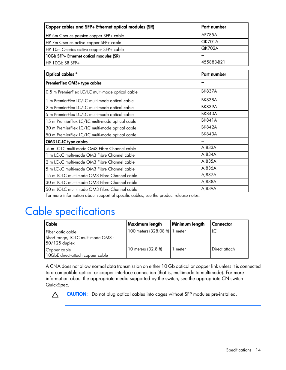 Cable specifications | HP StoreFabric Converged Network Adapters User Manual | Page 14 / 22