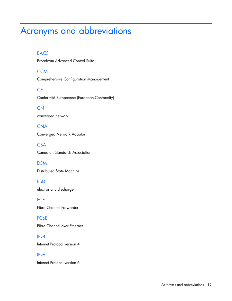 Acronyms and abbreviations | HP StoreFabric Converged Network Adapters User Manual | Page 19 / 22