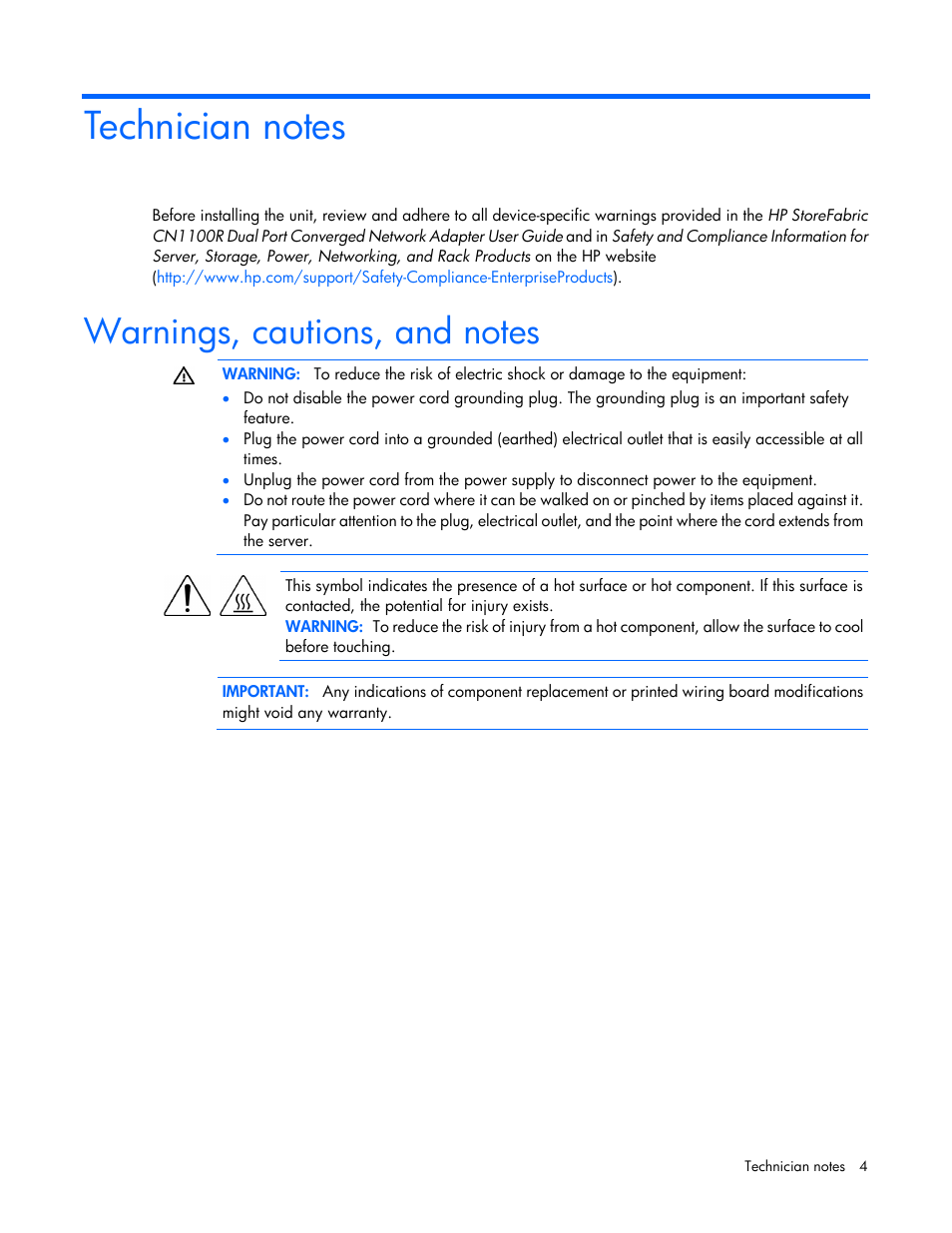 Technician notes, Warnings, cautions, and notes | HP StoreFabric Converged Network Adapters User Manual | Page 4 / 22