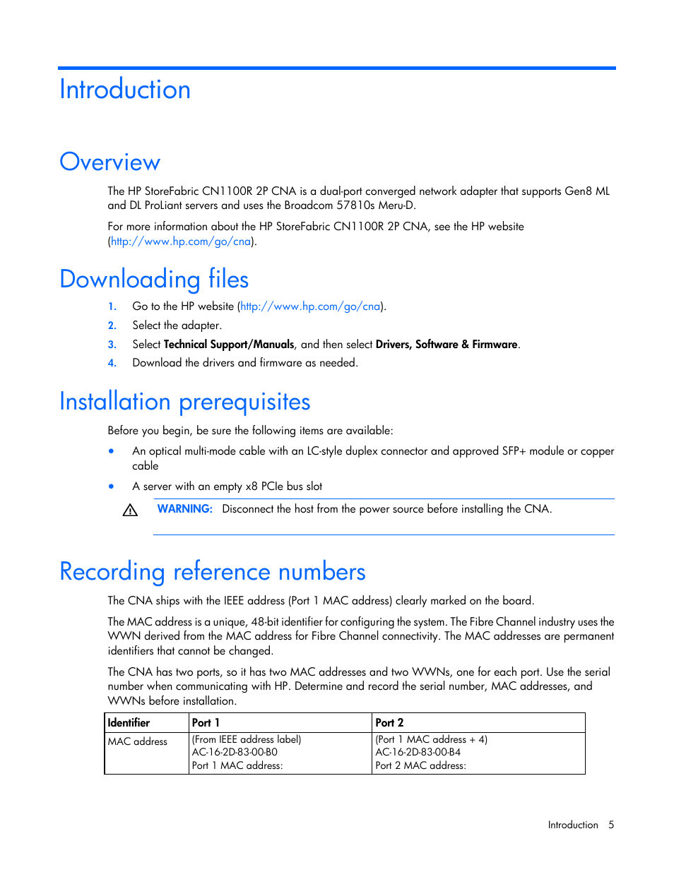 Introduction, Overview, Downloading files | Installation prerequisites, Recording reference numbers | HP StoreFabric Converged Network Adapters User Manual | Page 5 / 22