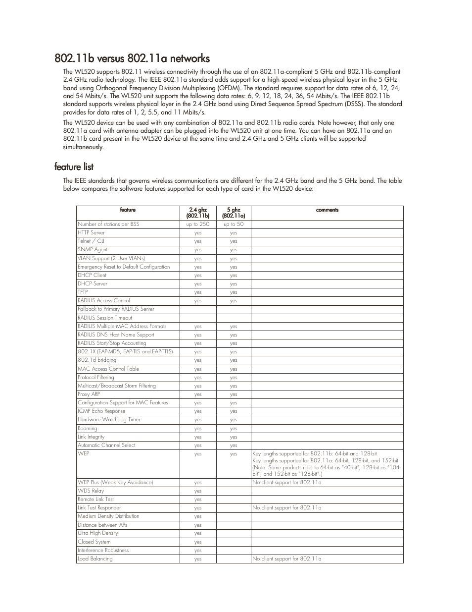 11b versus 802.11a networks, Feature list, 11b versus 802.11a networks -3 | Feature list -3 | HP ProCurve 520wl Wireless Access Point User Manual | Page 10 / 142