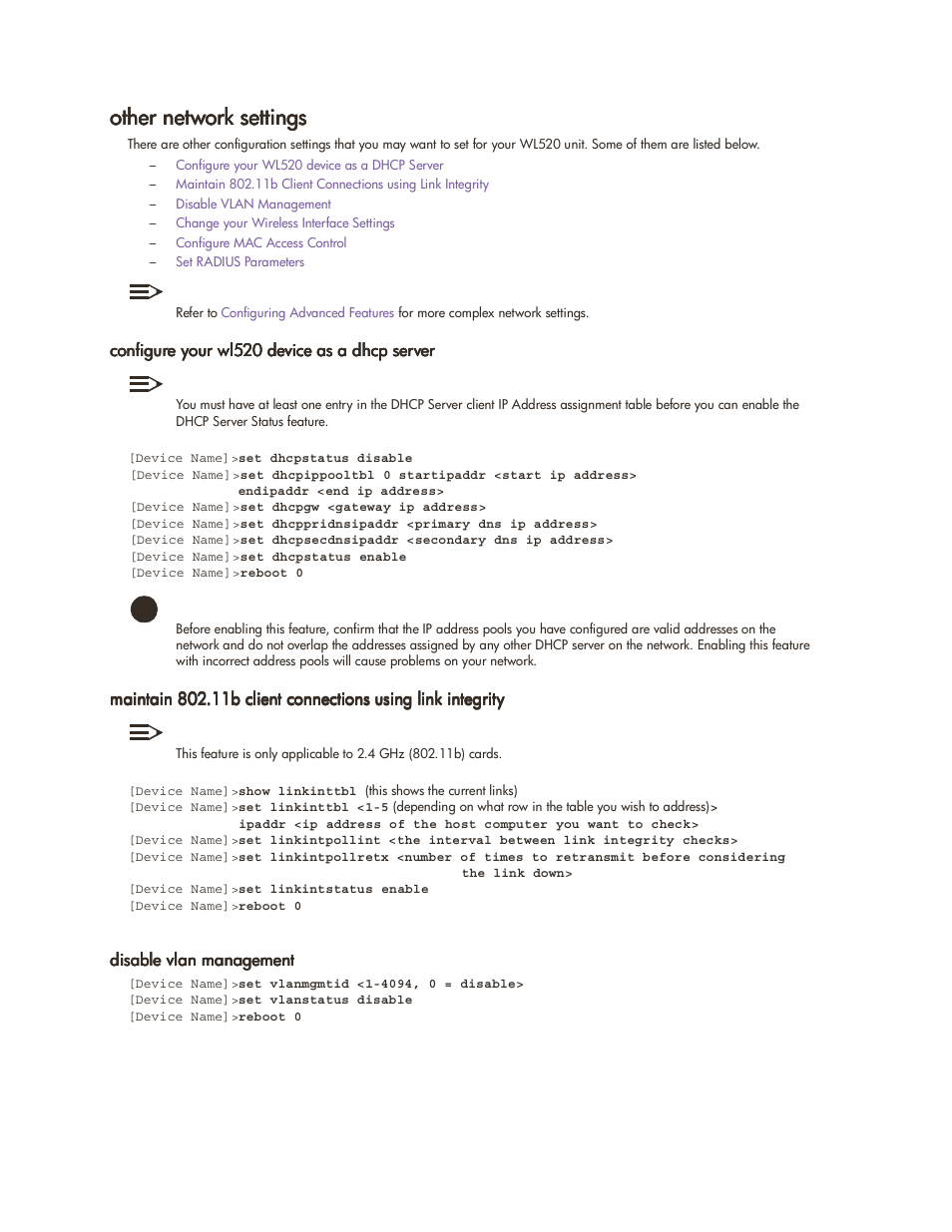 Other network settings, Configure your wl520 device as a dhcp server, Disable vlan management | Other network settings -17 | HP ProCurve 520wl Wireless Access Point User Manual | Page 100 / 142