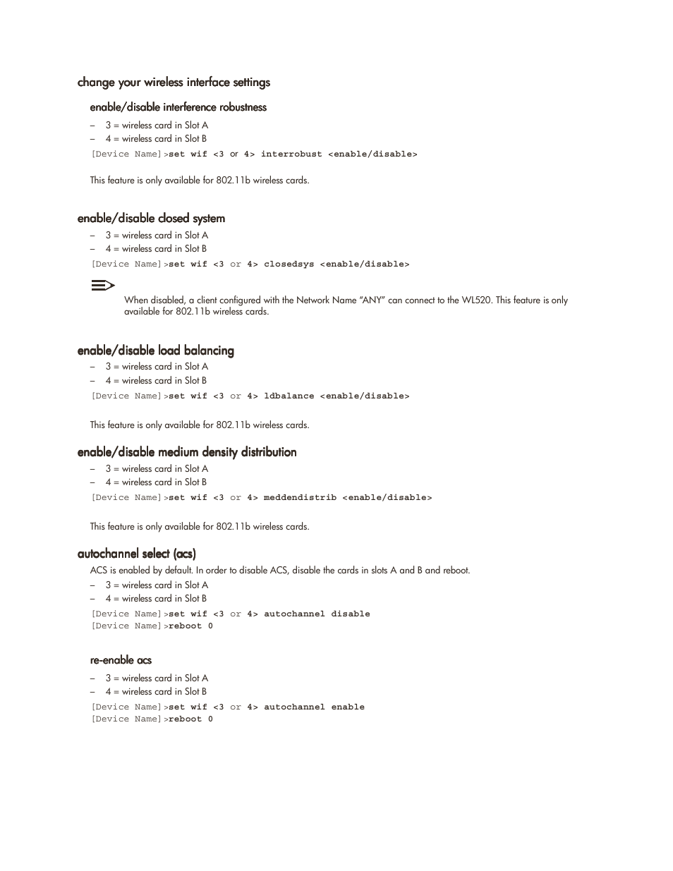 Change your wireless interface settings, Enable/disable closed system, Enable/disable load balancing | Enable/disable medium density distribution, Autochannel select (acs) | HP ProCurve 520wl Wireless Access Point User Manual | Page 101 / 142