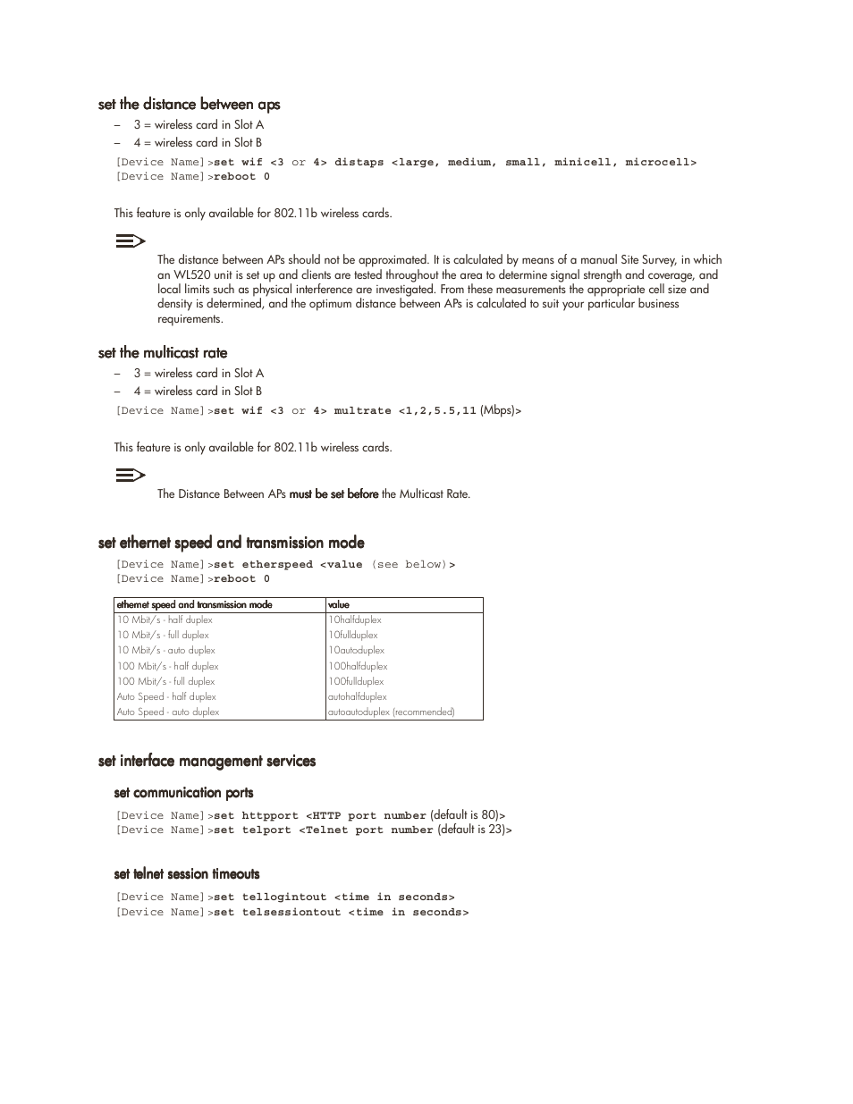 Set the distance between aps, Set the multicast rate, Set ethernet speed and transmission mode | Set interface management services | HP ProCurve 520wl Wireless Access Point User Manual | Page 102 / 142