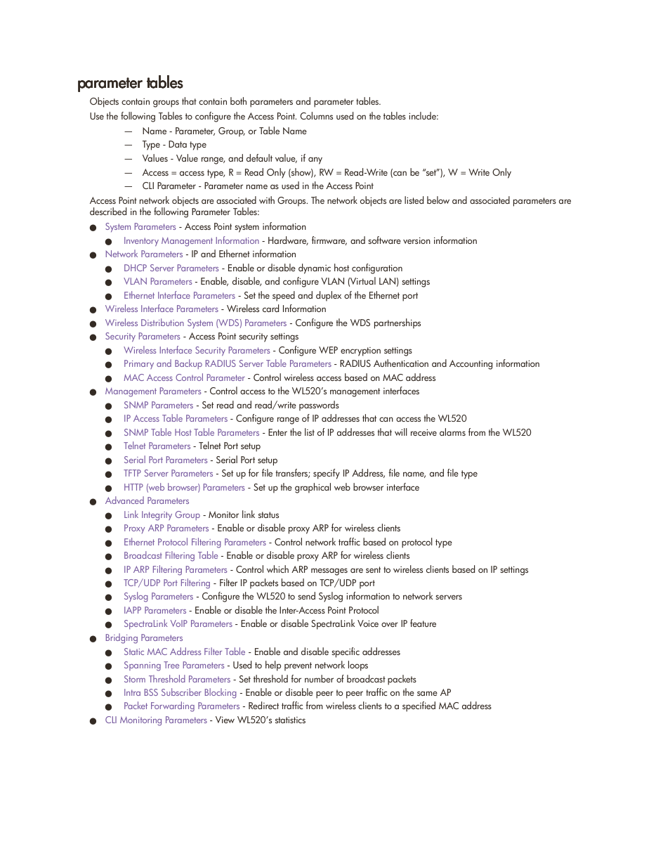 Parameter tables, Parameter tables -23 | HP ProCurve 520wl Wireless Access Point User Manual | Page 106 / 142