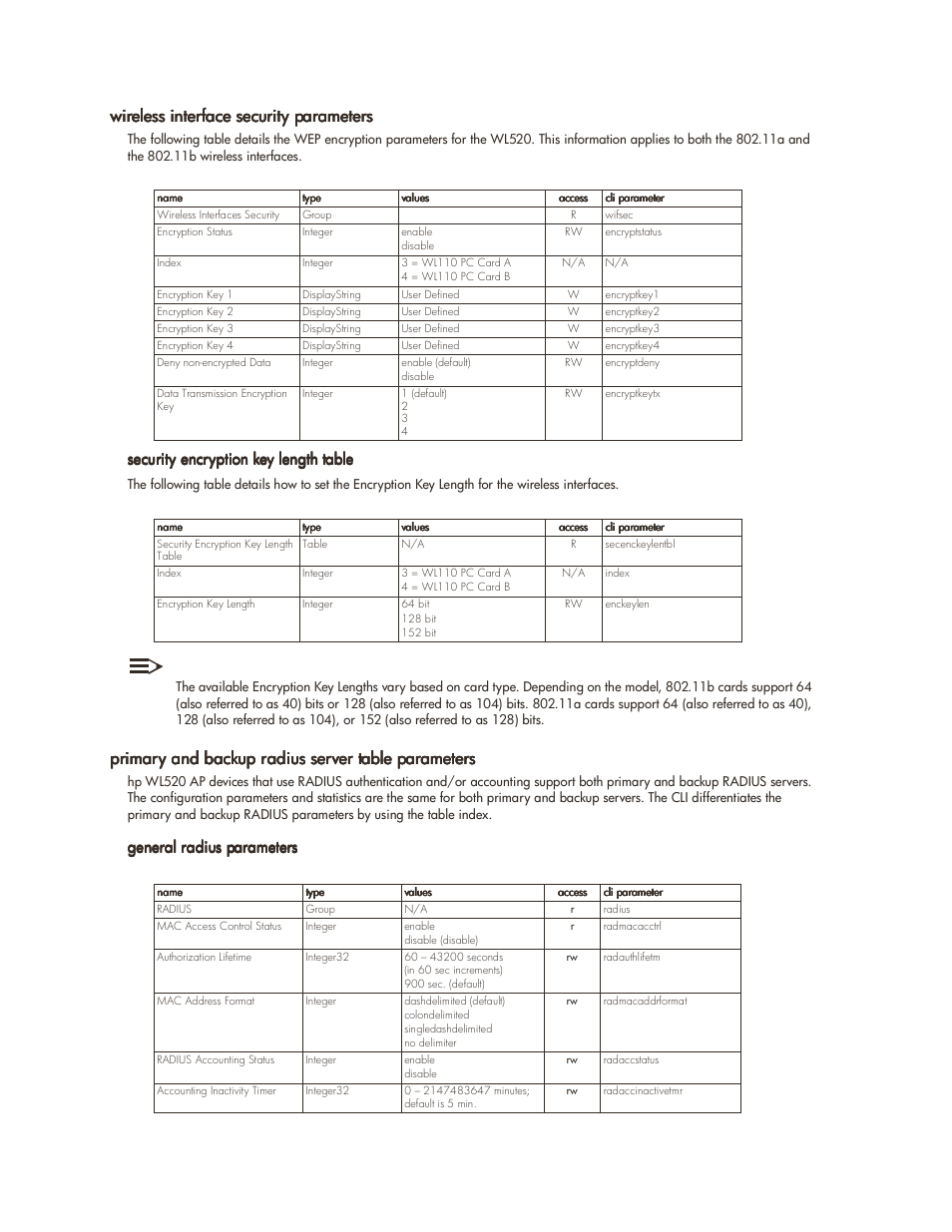 Wireless interface security parameters, Primary and backup radius server table parameters, Wireless interface security parameters -29 | Parameter tables 6-29, Security encryption key length table, General radius parameters | HP ProCurve 520wl Wireless Access Point User Manual | Page 112 / 142