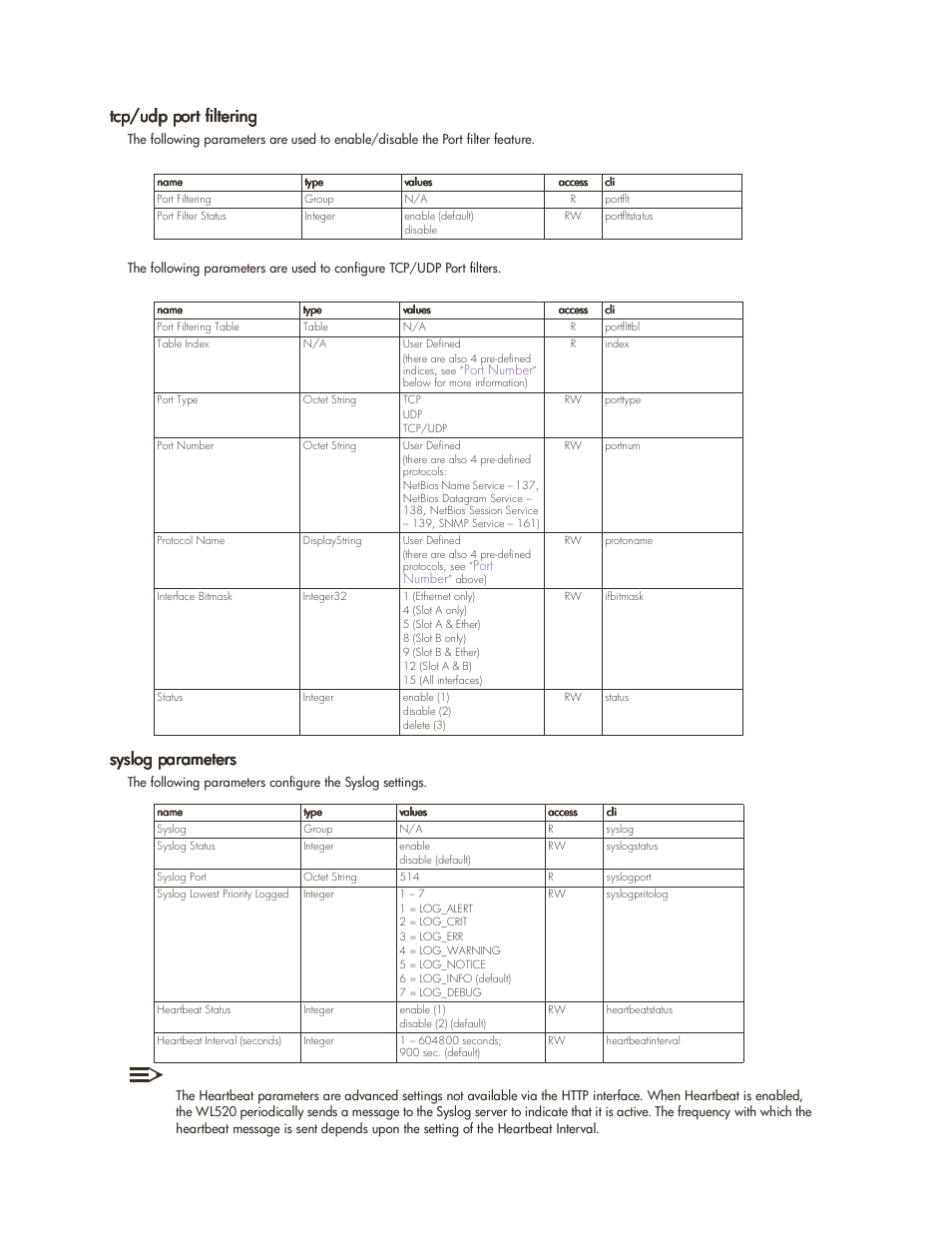 Tcp/udp port filtering, Syslog parameters, Tcp/udp port filtering -35 | Syslog parameters -35, Parameter tables 6-35 | HP ProCurve 520wl Wireless Access Point User Manual | Page 118 / 142