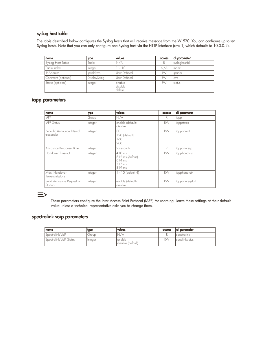 Iapp parameters, Spectralink voip parameters | HP ProCurve 520wl Wireless Access Point User Manual | Page 119 / 142