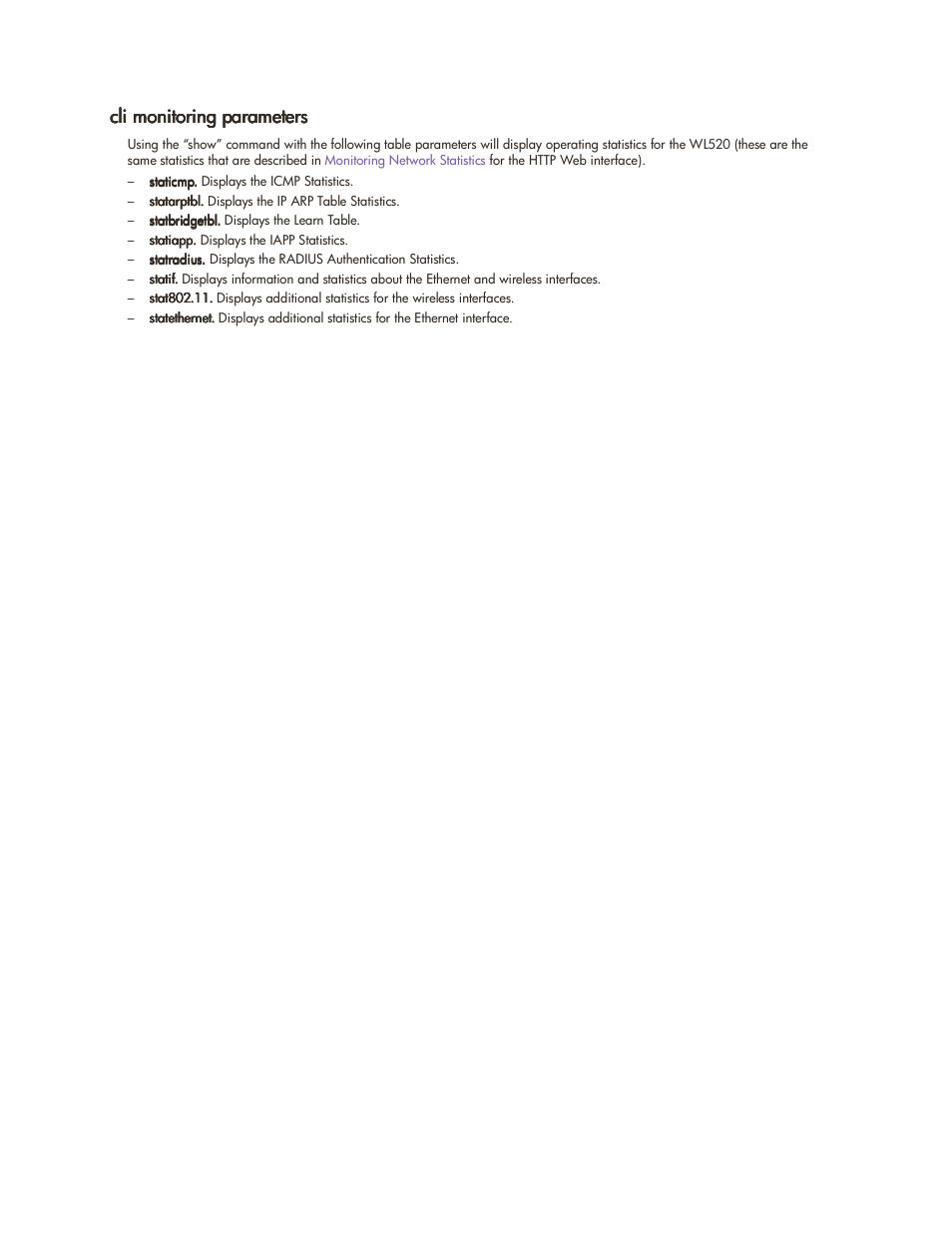 Cli monitoring parameters, Cli monitoring parameters -39 | HP ProCurve 520wl Wireless Access Point User Manual | Page 122 / 142