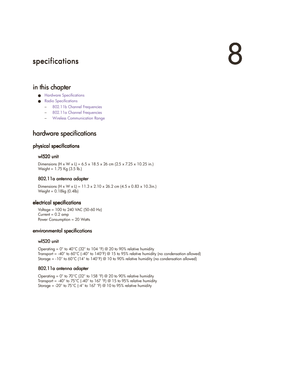 Specifications, In this chapter, Hardware specifications | Physical specifications, Electrical specifications, Environmental specifications, 888 spe, 8 specifications, Cification, Hardware specifications -1 | HP ProCurve 520wl Wireless Access Point User Manual | Page 139 / 142