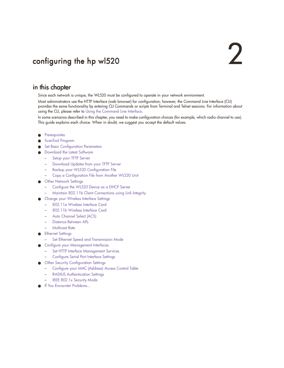 Configuring the hp wl520, In this chapter, Iguring | Configuring the, Configuring the hp, Hp w, Wl520, 2 conf, 2 configuring the hp wl520, Hp wl5 | HP ProCurve 520wl Wireless Access Point User Manual | Page 14 / 142