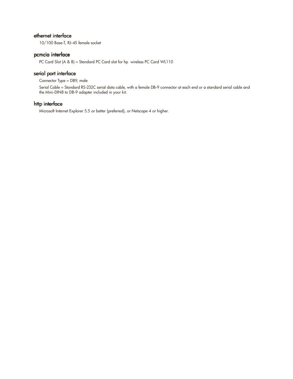 Ethernet interface, Pcmcia interface, Serial port interface | Http interface | HP ProCurve 520wl Wireless Access Point User Manual | Page 140 / 142