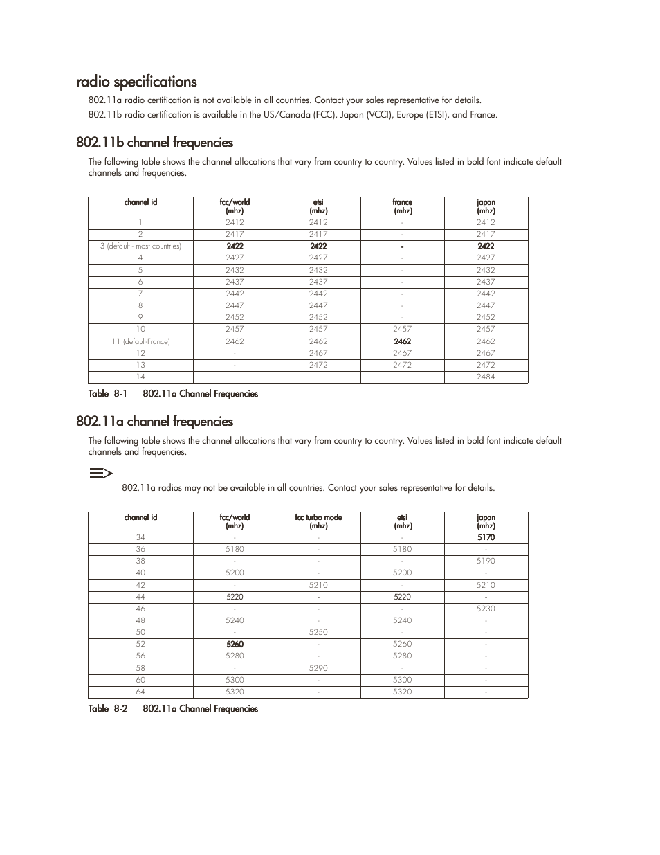 Radio specifications, 11b channel frequencies, 11a channel frequencies | Radio specifications -3, Radio specifications 8-3 | HP ProCurve 520wl Wireless Access Point User Manual | Page 141 / 142
