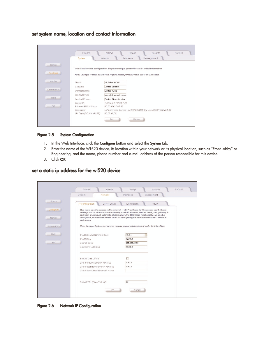 Set system name, location and contact information, Set a static ip address for the wl520 device | HP ProCurve 520wl Wireless Access Point User Manual | Page 18 / 142