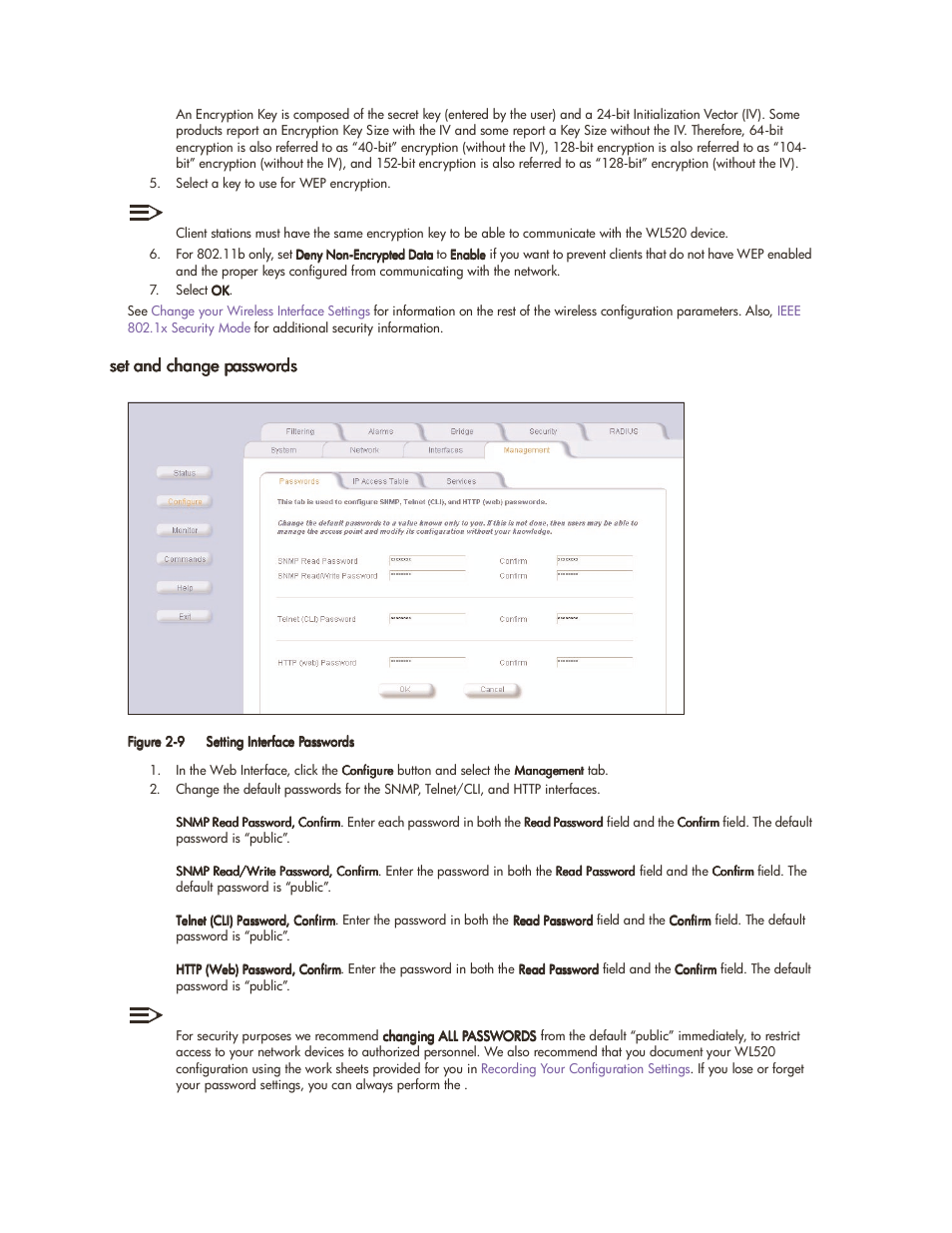 Set and change passwords, Set and change passwords -8 | HP ProCurve 520wl Wireless Access Point User Manual | Page 21 / 142