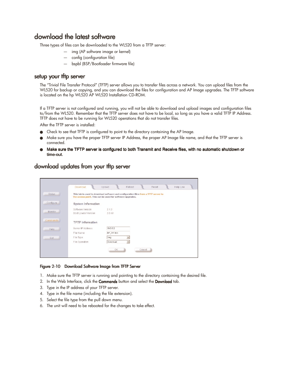 Download the latest software, Setup your tftp server, Download updates from your tftp server | Download the latest software -9 | HP ProCurve 520wl Wireless Access Point User Manual | Page 22 / 142