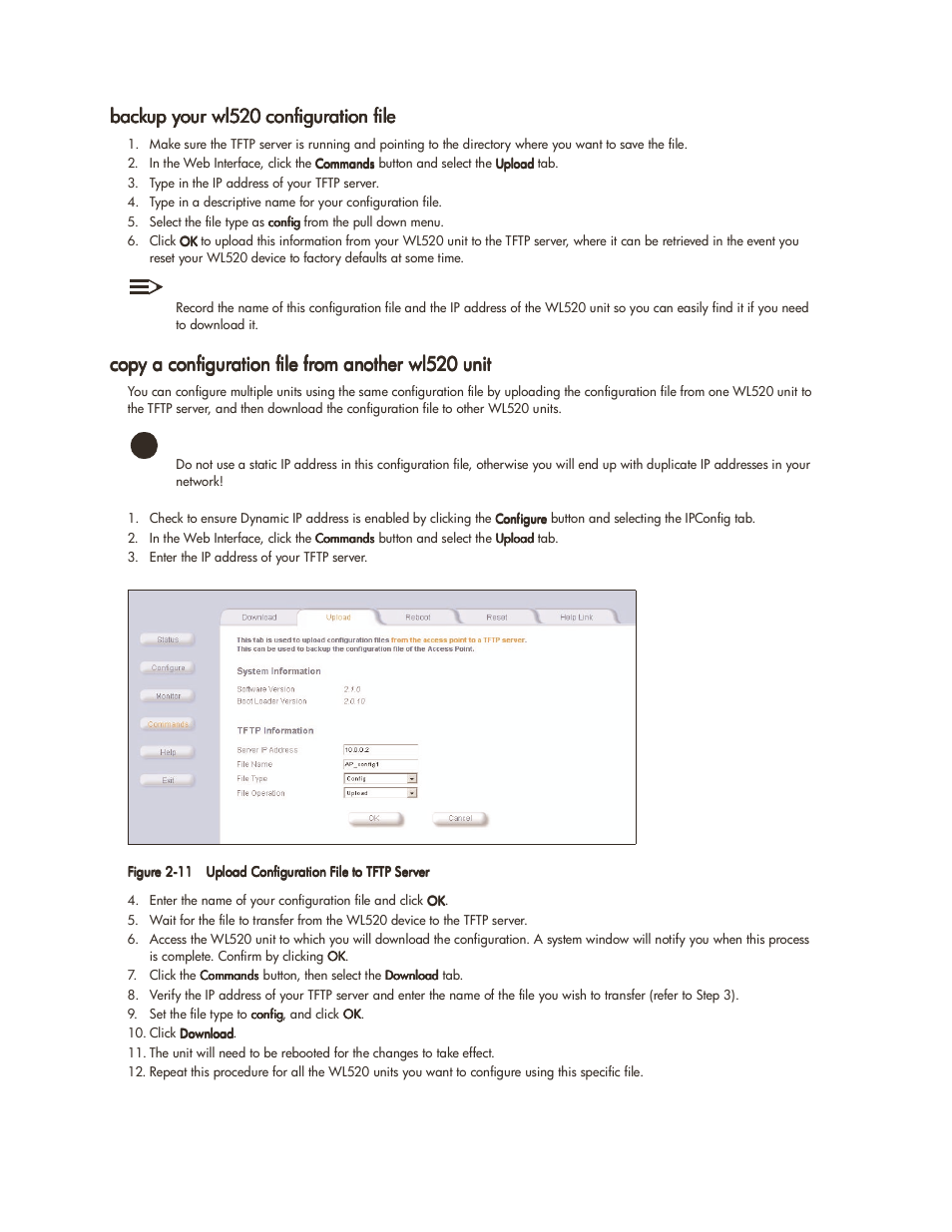 Backup your wl520 configuration file, Copy a configuration file from another wl520 unit | HP ProCurve 520wl Wireless Access Point User Manual | Page 23 / 142