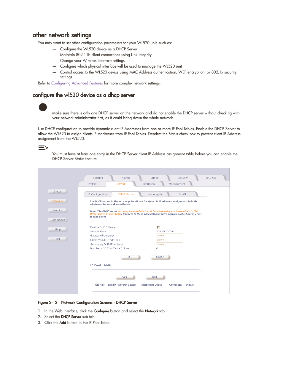 Other network settings, Configure the wl520 device as a dhcp server, Other network settings -11 | Configure the wl520 device as a dhcp server -11 | HP ProCurve 520wl Wireless Access Point User Manual | Page 24 / 142
