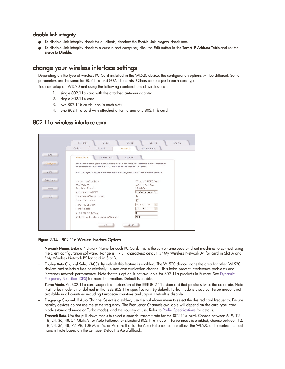 Disable link integrity, Change your wireless interface settings, 11a wireless interface card | Disable link integrity -13, Change your wireless interface settings -13, 11a wireless interface card -13 | HP ProCurve 520wl Wireless Access Point User Manual | Page 26 / 142