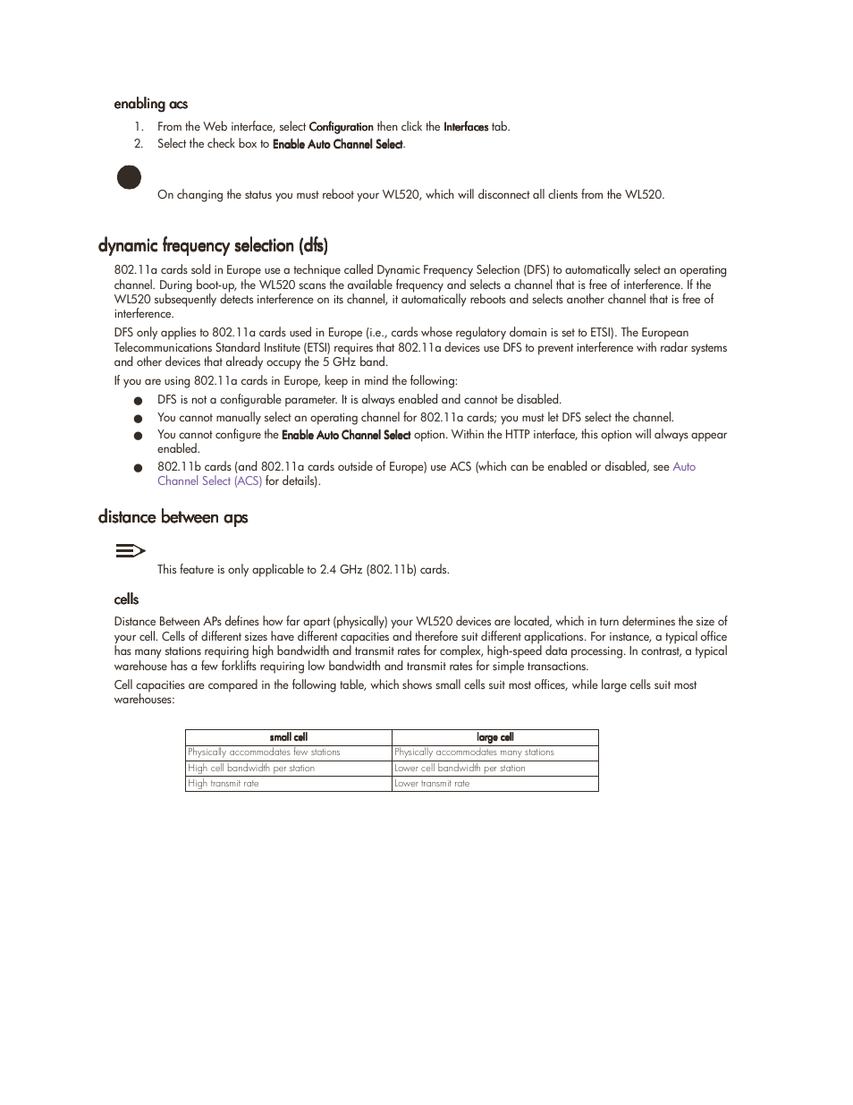 Dynamic frequency selection (dfs), Distance between aps, Dynamic | Frequency selection (dfs), Dynamic frequency, Selection (dfs) | HP ProCurve 520wl Wireless Access Point User Manual | Page 29 / 142